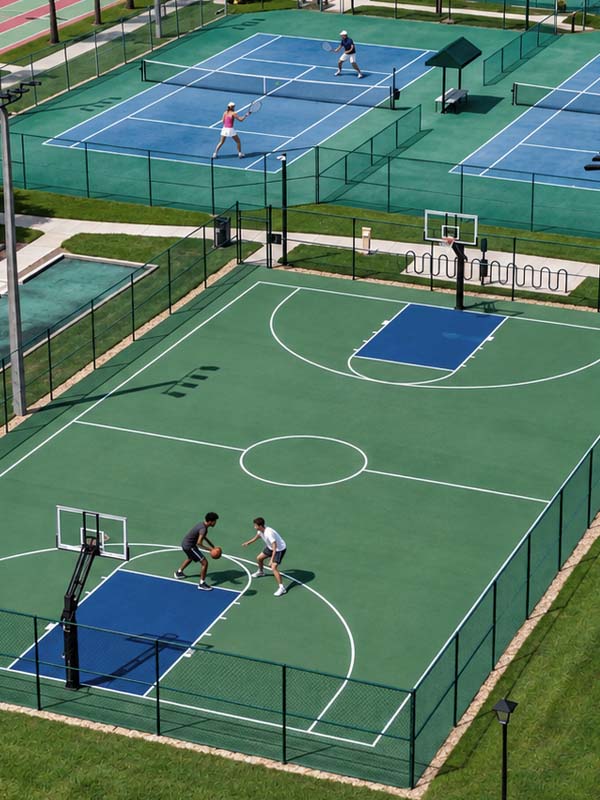 Residents playing basket ball and tennis
